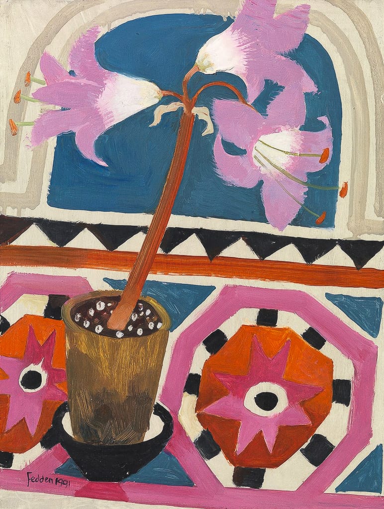 Mary Fedden's Pink Lily (1991) artwork, showcasing vibrant colors and patterns. Explore Midjourney prompt techniques for similar art styles.