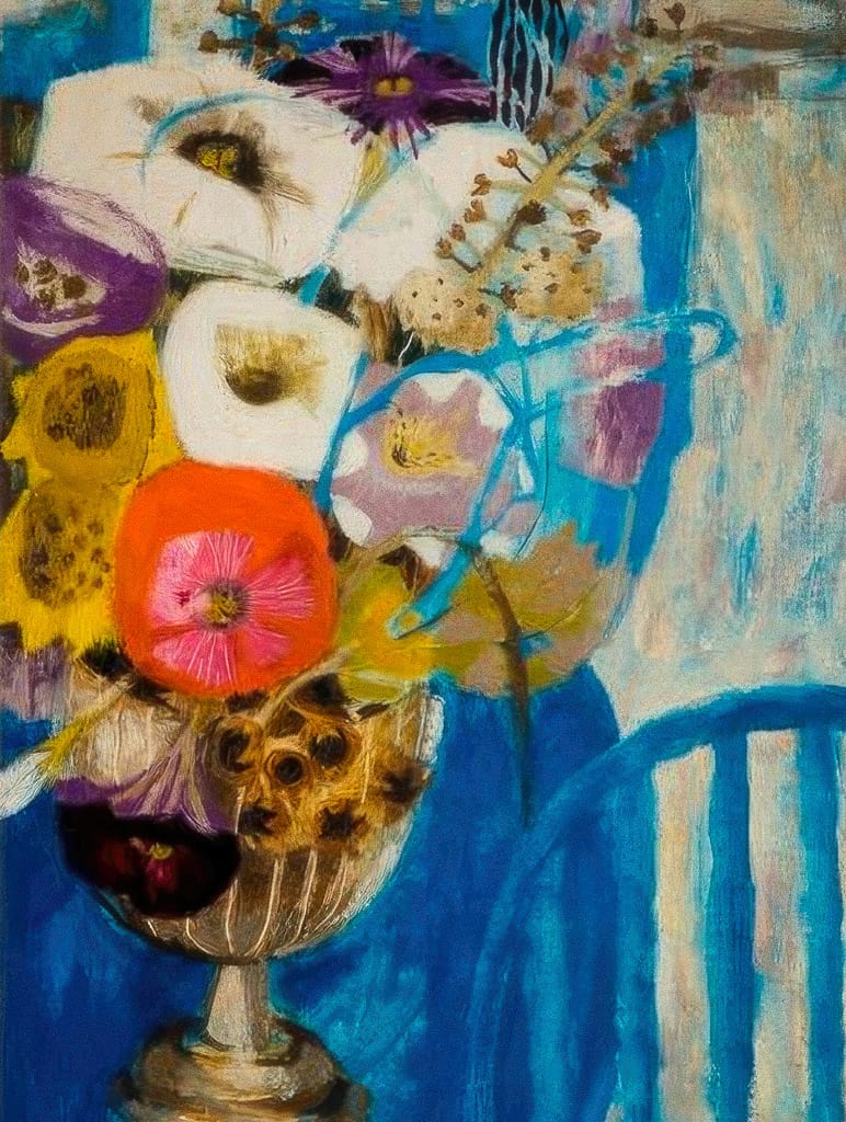 Vibrant floral still life in a vase, inspired by Mary Fedden's style, showcasing Midjourney prompt techniques.