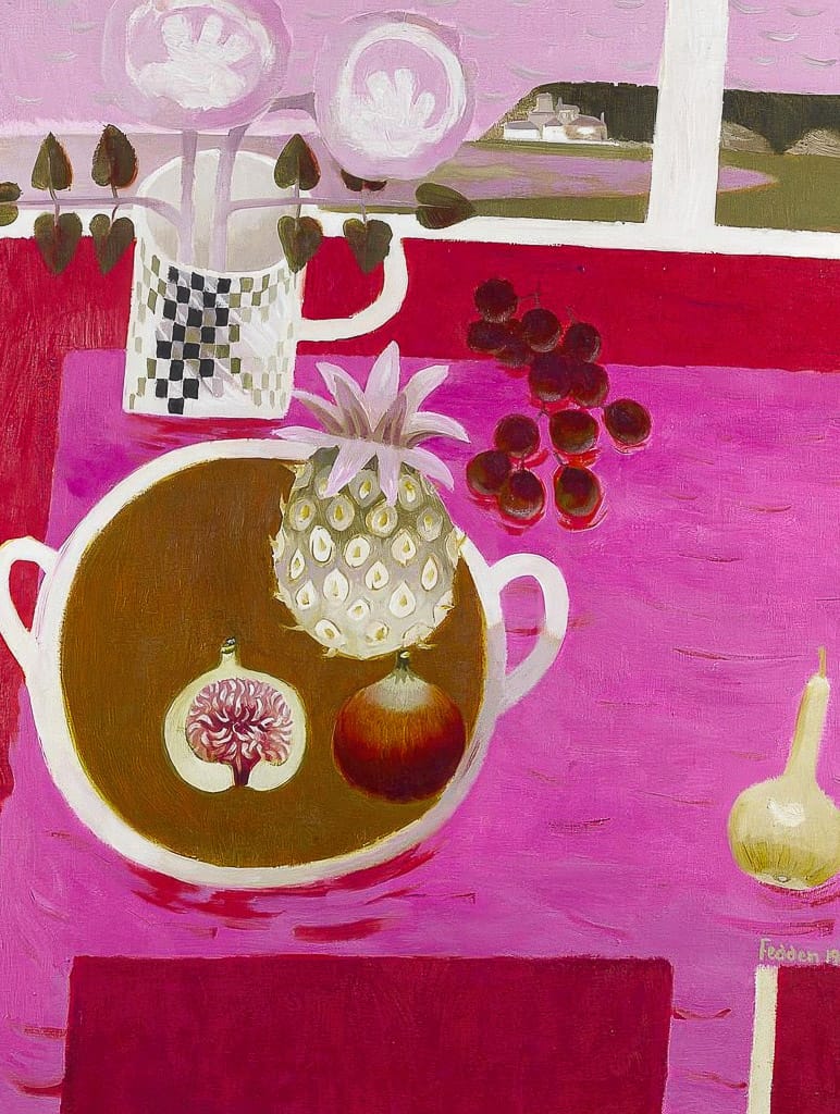 Still life with pineapple, figs, vibrant colors, Mary Fedden style, Midjourney prompt strategies, blending styles, color palette.