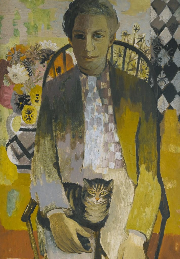 Portrait inspired by Mary Fedden, featuring vibrant colors, cat depiction, Midjourney prompt strategies for art style adaptation.