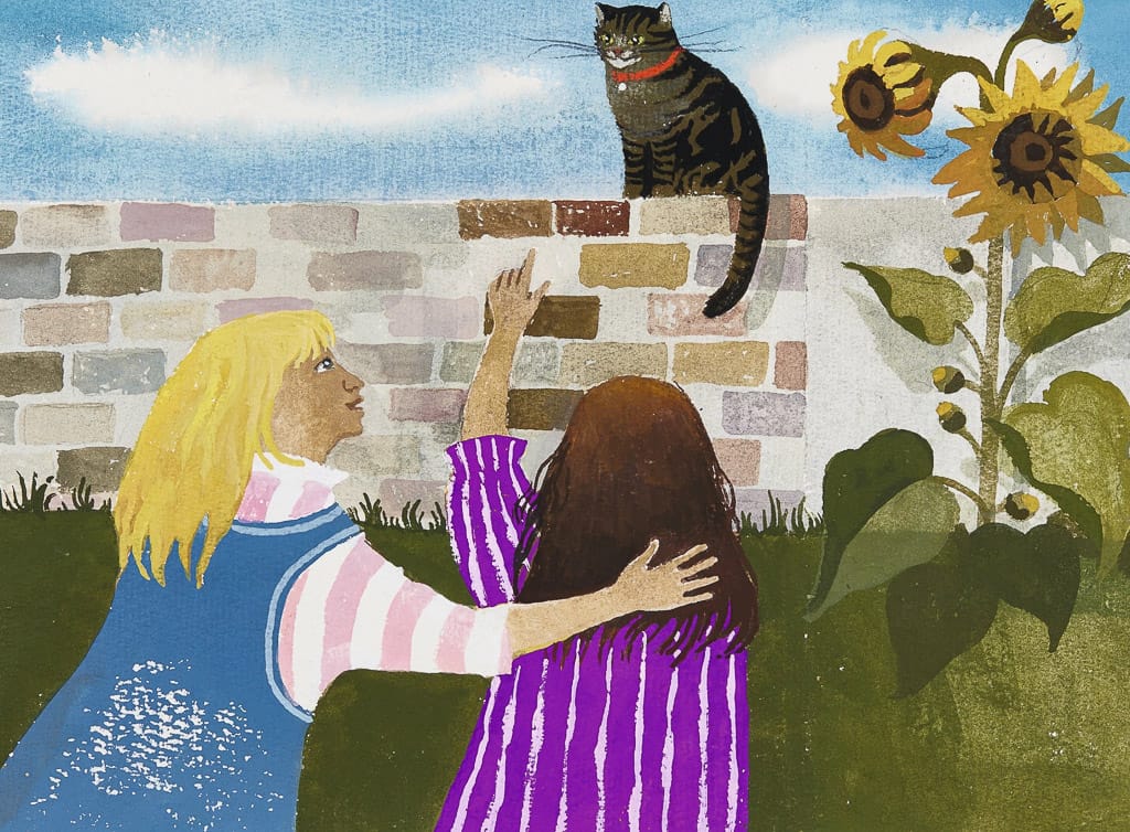 Midjourney prompt engineering for capturing Mary Fedden's style in 'The Girls and Motley' (1997), focusing on vibrant colors, cat depictions, and blending techniques.