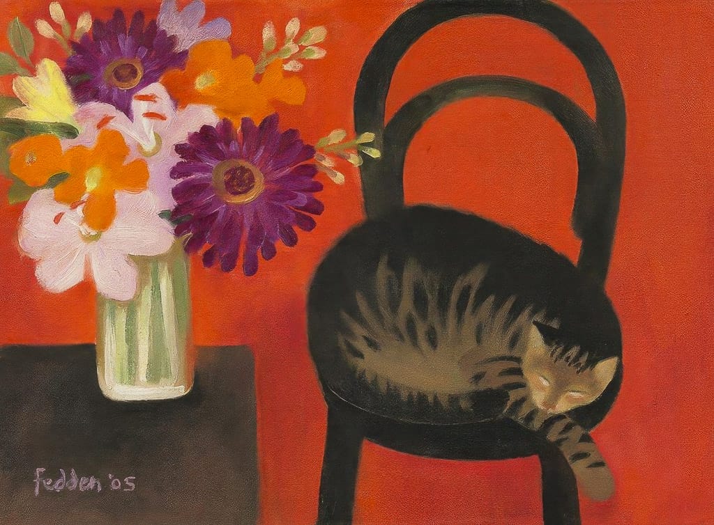 Midjourney prompt strategies for capturing Mary Fedden's cat and flowers, vibrant colors, blending styles, and artistic techniques.