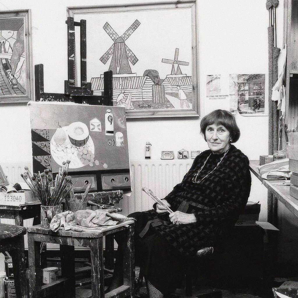 Mary Fedden in studio, surrounded by artworks. Midjourney prompt strategies for vibrant still lifes, blending styles, and color palettes.