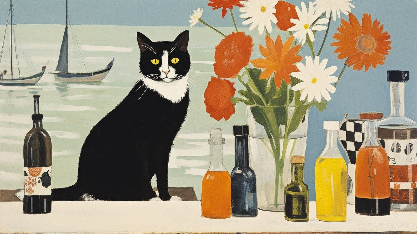 Midjourney prompt engineering for Mary Fedden's vibrant still lifes, featuring cat, flowers, bottles, blending styles, color palette --v 5.2 --style raw.
