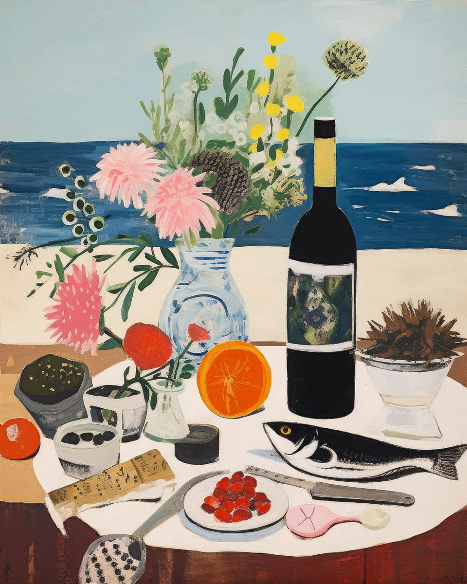 Still life of flowers, fruit, wine, fish and dishes in a bright, flat folk-art palette, Midjourney V5.2