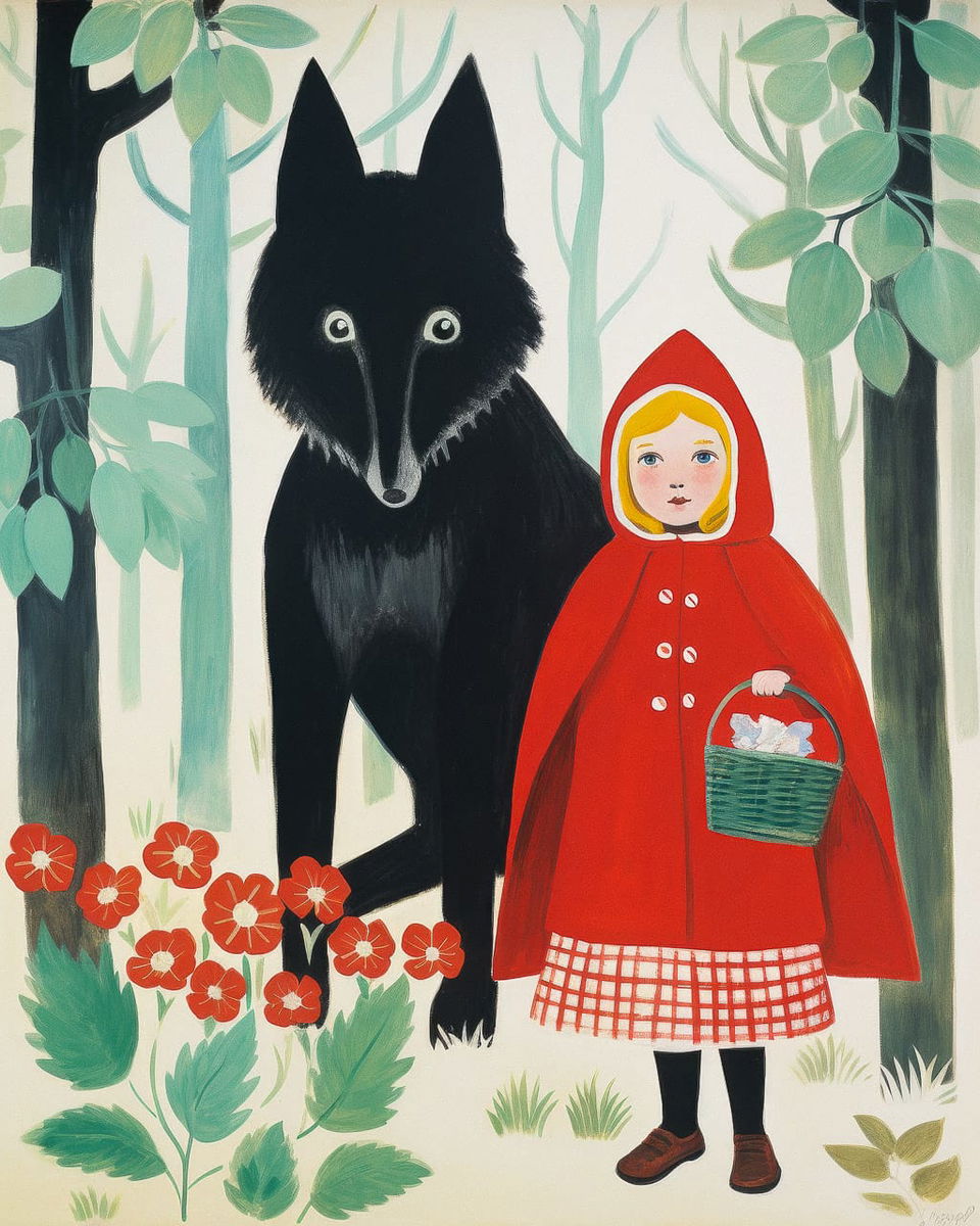 Midjourney prompt for Mary Fedden-inspired artwork featuring Red Riding Hood, black wolf, vibrant colors, floral elements, --v 5.2.