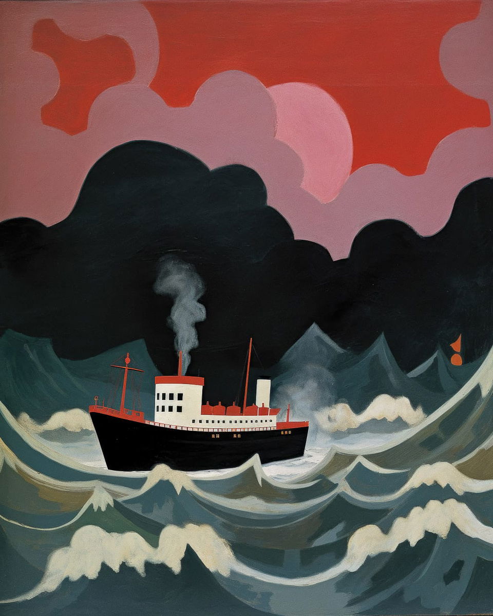 Ship battling waves beneath storm clouds, in Mary Fedden's style with flat shapes and muted colors, Midjourney V5.2