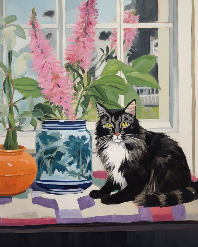 Maine Coon cat beside potted flowers, Midjourney V5.2