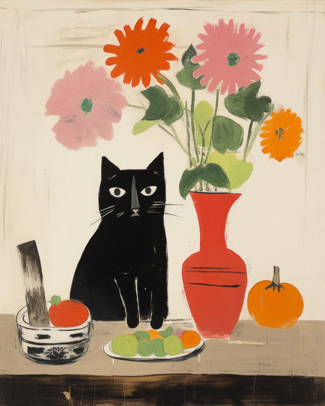 Silly black cat beside flowers and fruit, in the style of Mary Fedden, colorful naive painting, Midjourney V5.2