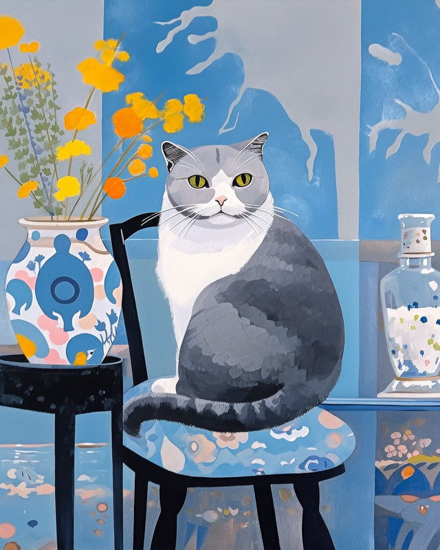 Scottish Fold cat seated among flowers and vases, in the style of Mary Fedden