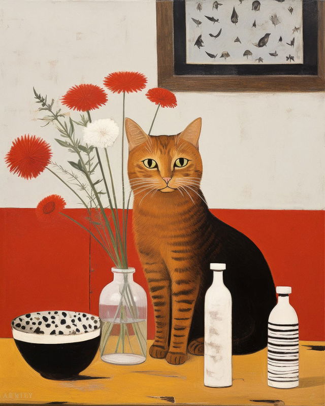 Red cat with flowers, bottles and bowl in a stylized painting with warm red and ochre tones, Midjourney V5.2