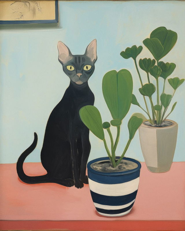 Sphynx cat beside potted plants, in Mary Fedden's style with flat forms and pastel colors, Midjourney V5.2