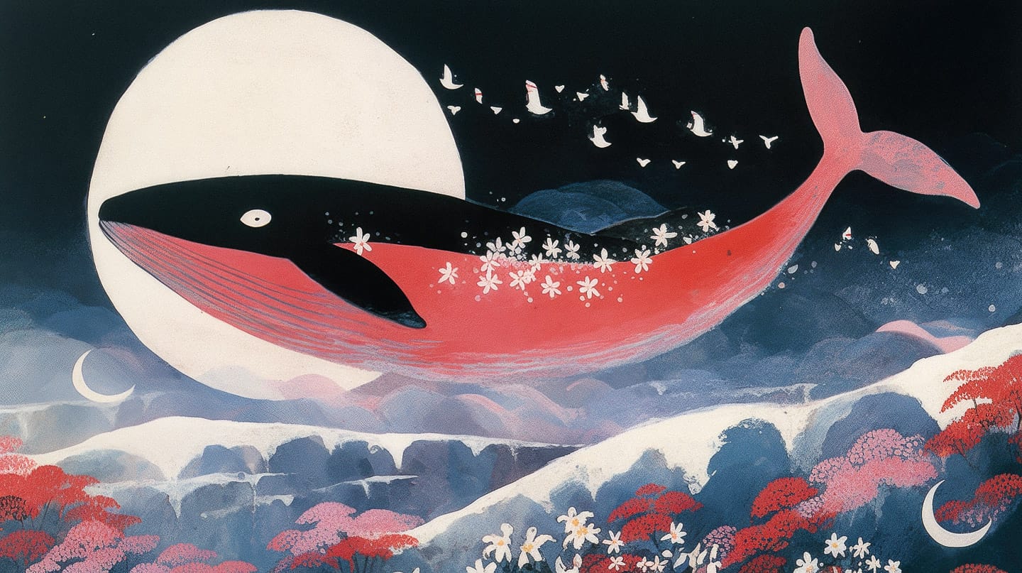 Midjourney prompt depicting red whale flying over Japanese landscape at night, inspired by Mary Fedden's art style and color palette.
