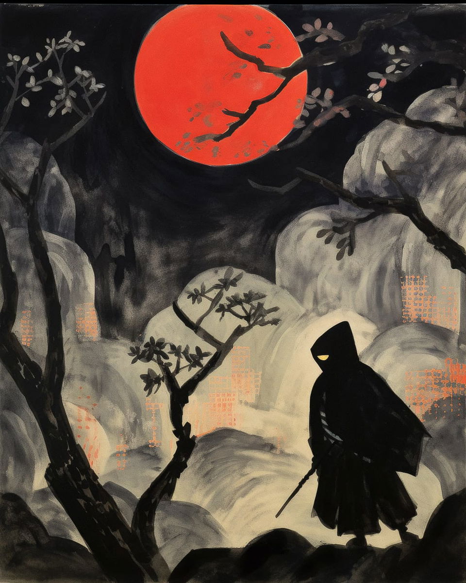 Midjourney prompt for Mary Fedden-inspired ninja art, emphasizing color palette, brushwork, and style blending techniques.