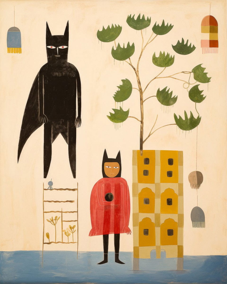 Batman and Robin by Mary Fedden, Midjourney prompt strategies, blending styles, vibrant colors, art techniques, --v 5.2.