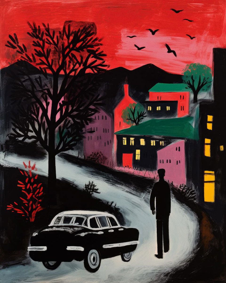 Midjourney prompt for neo-noir style artwork, featuring vibrant colors, dramatic landscapes, inspired by Mary Fedden's techniques.