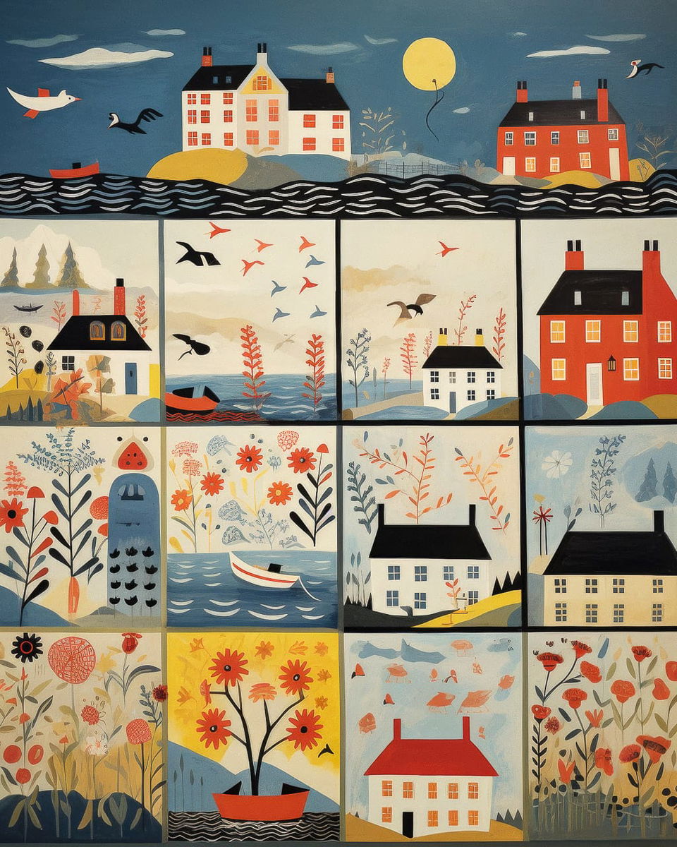 Mary Fedden-inspired artwork in Midjourney, featuring vibrant landscapes, houses, flowers, and water scenes. Prompt strategies for effective results.
