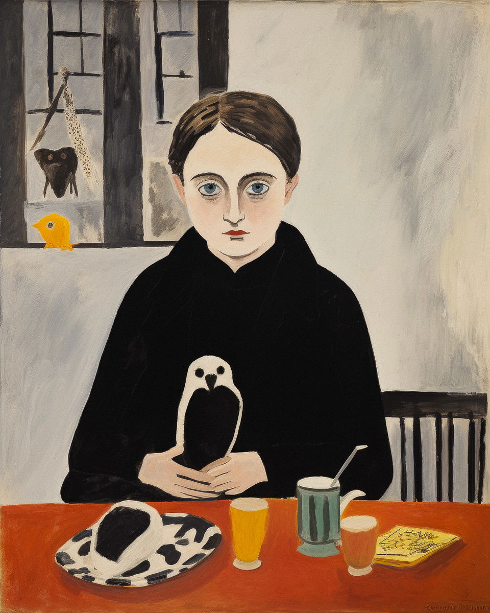 Midjourney prompt for Mary Fedden's style, depicting girl with bird, vibrant colors, still life elements, --stylize 75 --v 5.2