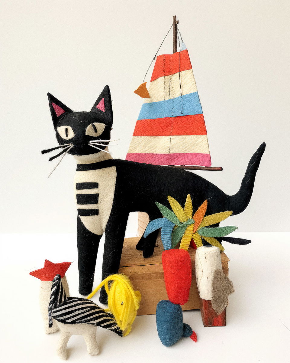 Cat toy by Mary Fedden, featuring vibrant colors and playful design. Midjourney prompt strategies for capturing Fedden's style.
