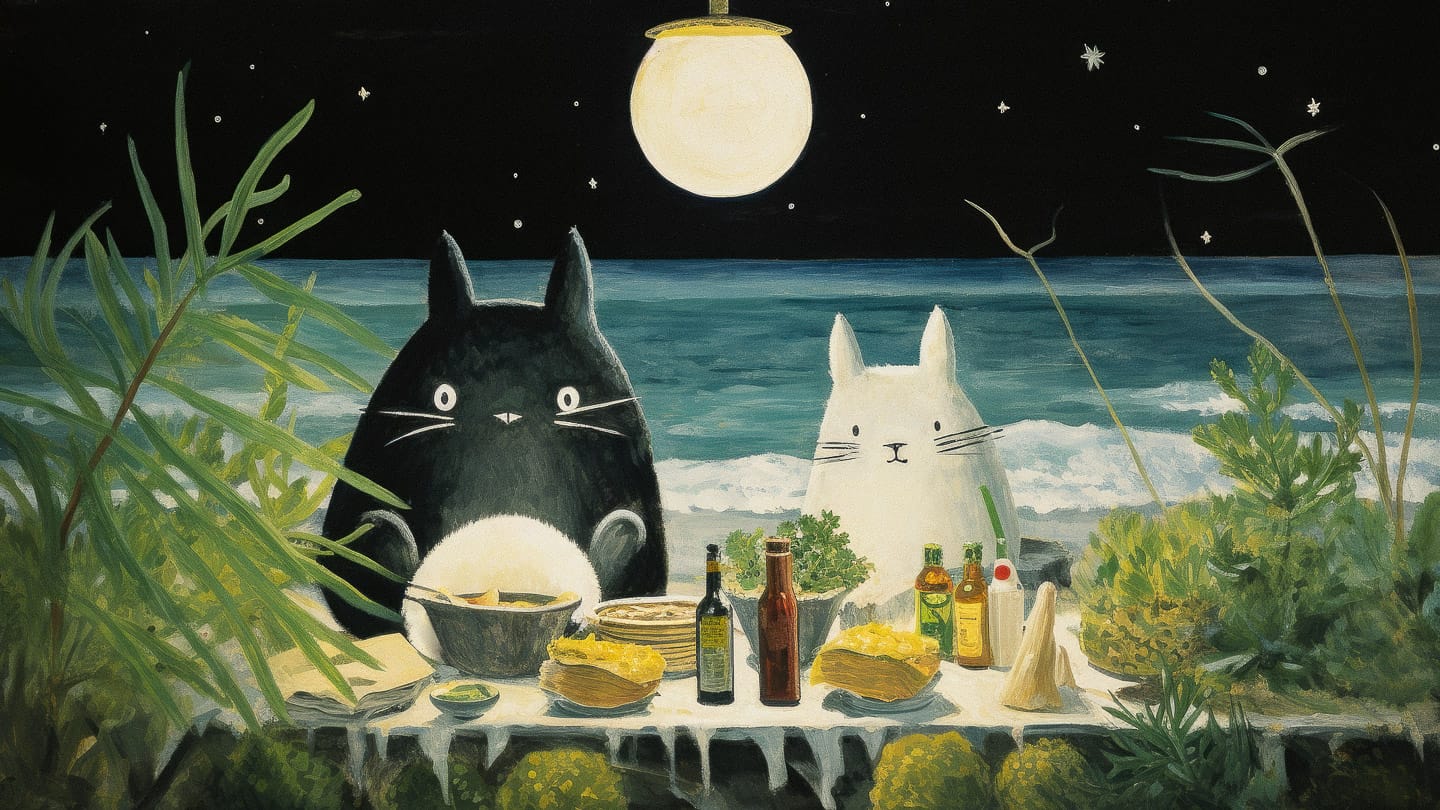 Midjourney prompt depicting Totoro-inspired scene with black and white cats, ocean background, vibrant colors, --v 5.2 --style raw.