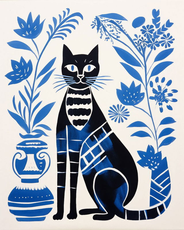 Black-and-blue cat surrounded by flowers and vessels, in the style of Mary Fedden, Midjourney V5.2