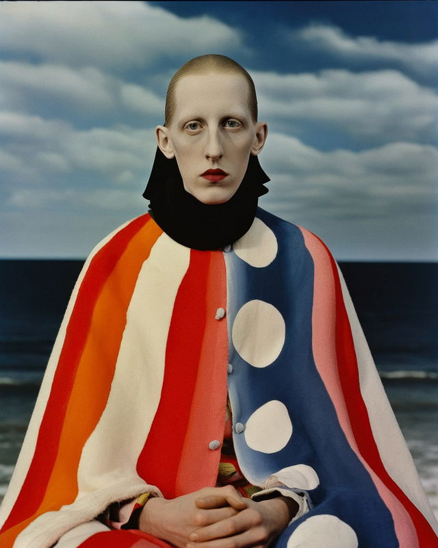 Portrait of a seated woman in photographic style, with bold red, blue, orange and cream colors, Midjourney V5.2