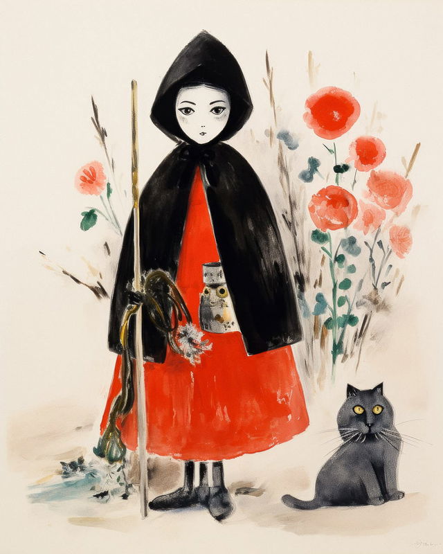 Midjourney prompt for character design inspired by Mary Fedden, featuring girl in red cloak, cat, flowers, and vibrant colors.