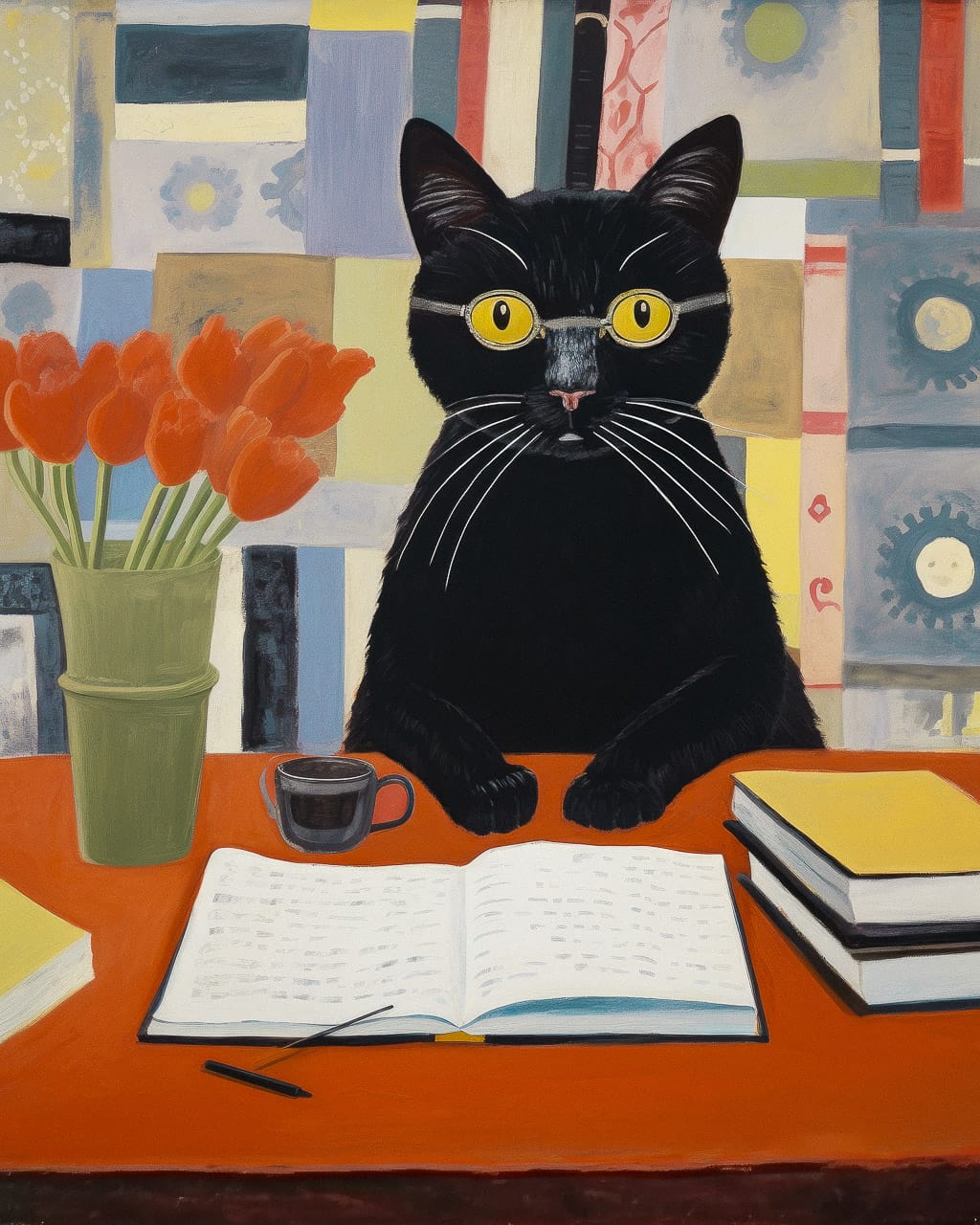 Midjourney prompt for Mary Fedden-inspired art: black cat with glasses, vibrant colors, still life elements, --stylize 175 --v 5.2 --style raw.