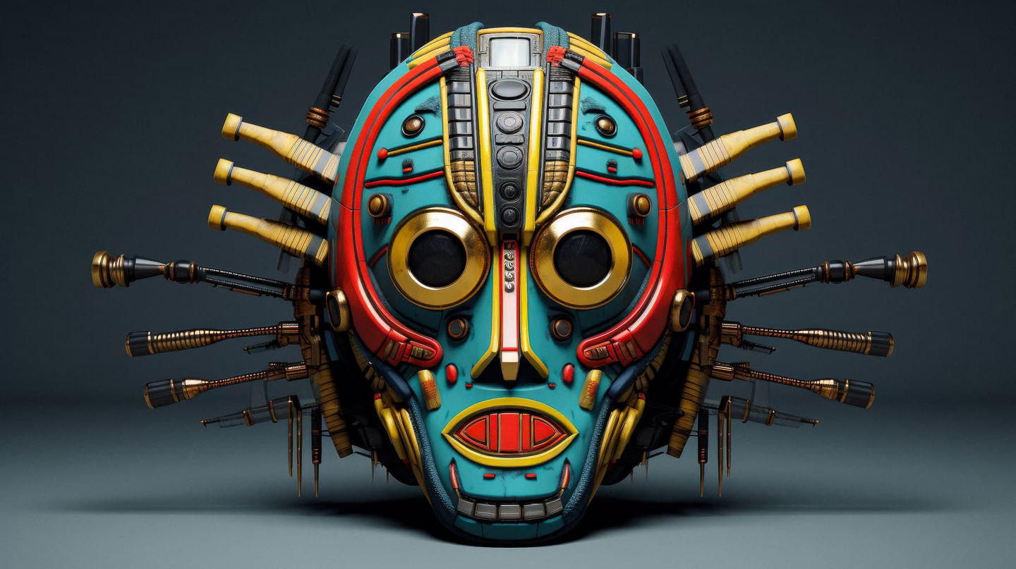 Cyberpunk traditional African tribal mask generated with Midjourney prompt, showcasing cultural significance and artistic expression.