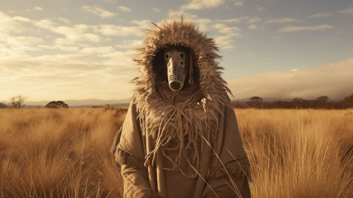 Midjourney prompt for winter traveler in layered outfit wearing Eskimo ritualistic mask in African savanna, showcasing cultural significance.