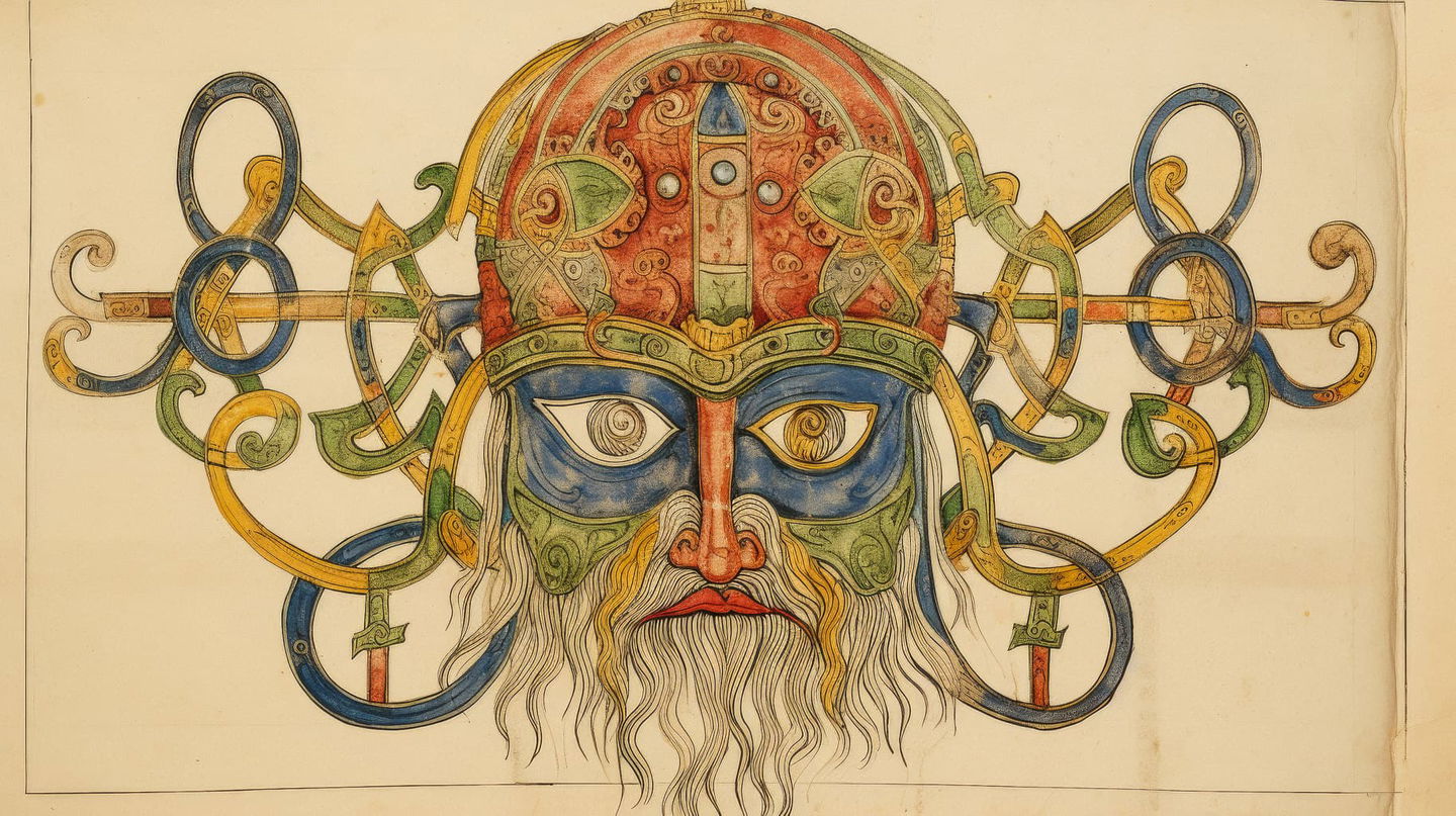 Celtic mask illustration from 10th century showcasing prompt engineering techniques in Midjourney AI text-to-image generation.