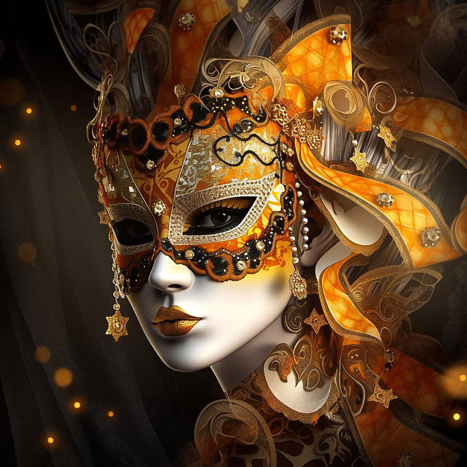 Venice carnival mask generated by Midjourney using prompt engineering techniques, showcasing cultural significance and artistic expression.