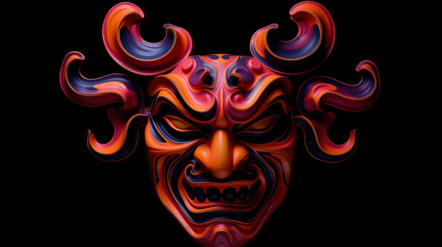 Midjourney prompt for Japanese Folk theatre mask, contemporary spraypaint artwork, Blacklight paint strokes, stylize 75, version 5.2.