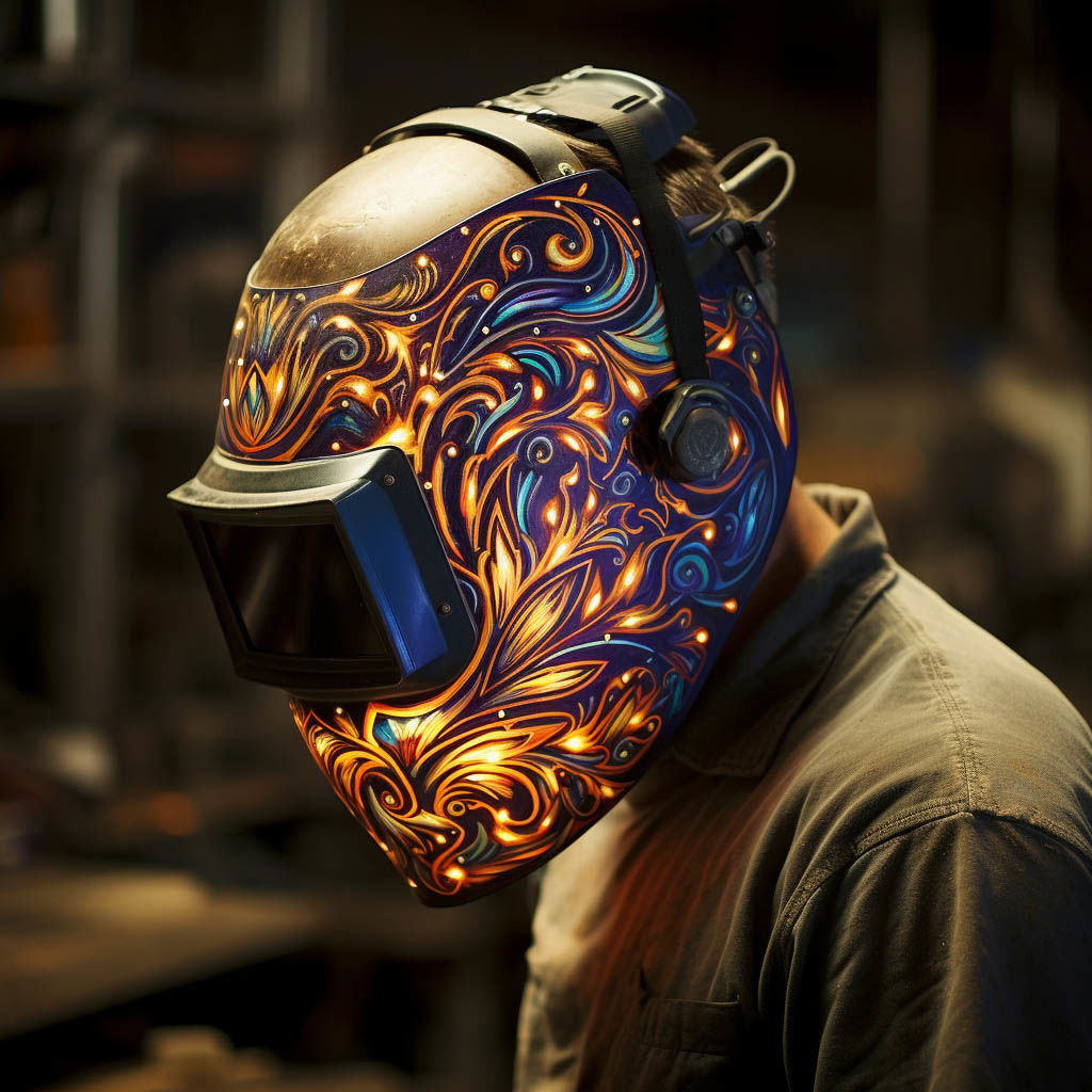 Welding mask with intricate designs, showcasing Midjourney prompt engineering for artistic expression in masks.