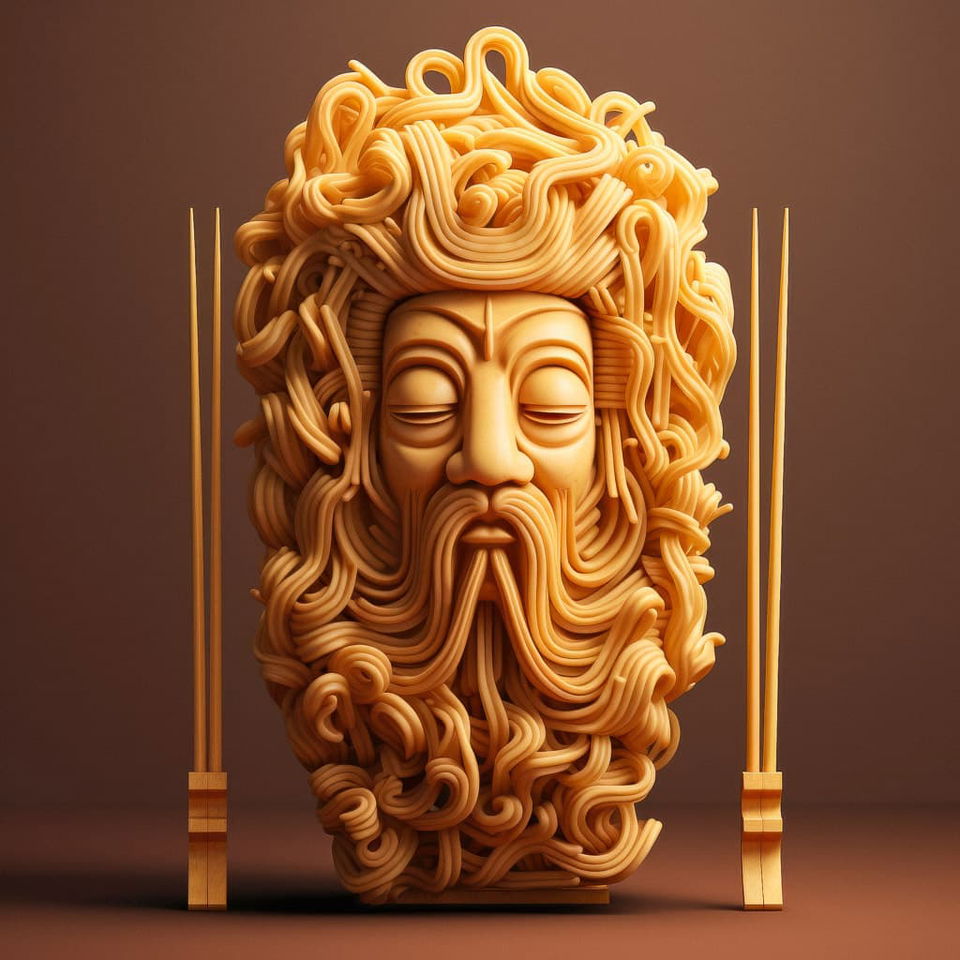 Traditional Japanese noodle-god mask made of noodles and chopsticks, showcasing Midjourney prompt engineering techniques.