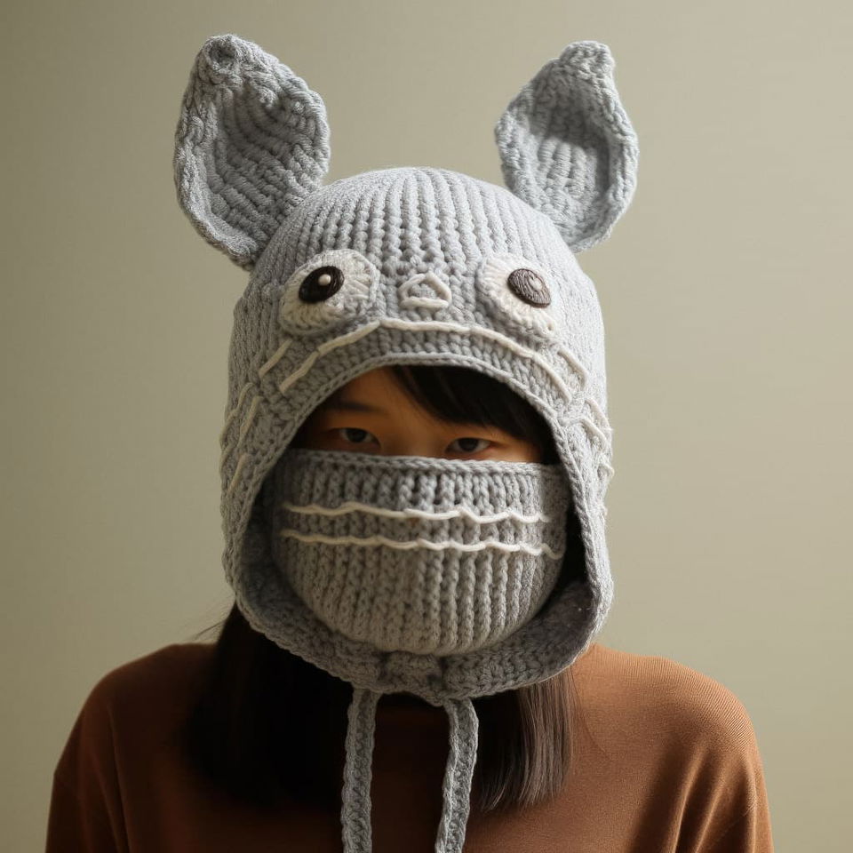 Knitted Totoro mask showcasing prompt engineering in Midjourney AI text-to-image generation.