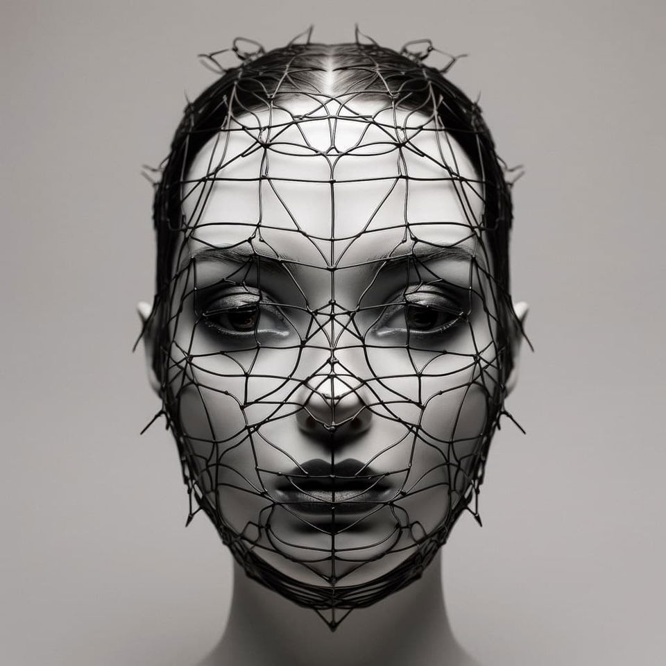 Wireframe mask representing cultural identity created using Midjourney prompt techniques, version 5.2.