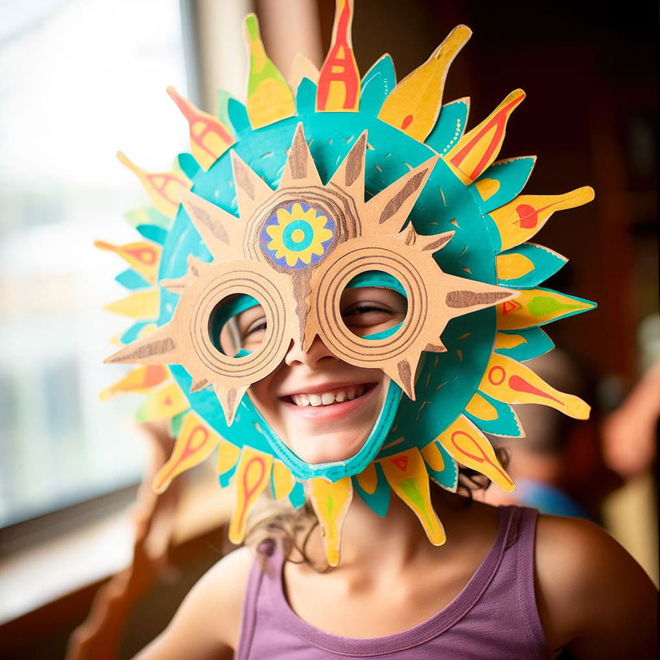 Kid wearing cardboard mask inspired by cultural themes, showcasing prompt engineering in Midjourney AI text-to-image generation.
