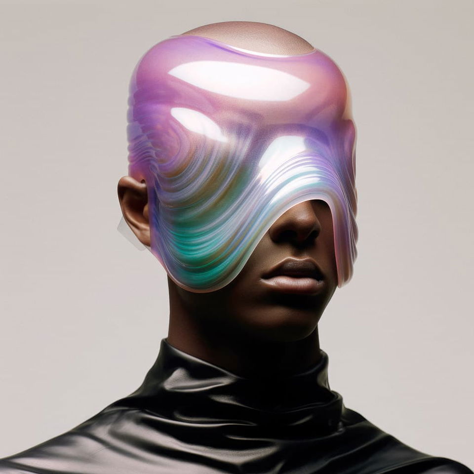 Iridescent headpiece-mask from Yeezy 2027 collection, showcasing Midjourney prompt engineering techniques, artistic expression, and cultural significance.