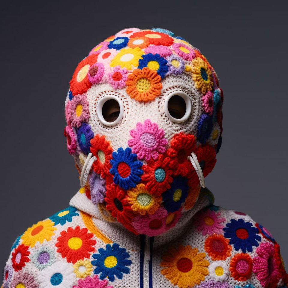 Knitted mask by Takashi Murakami, showcasing prompt engineering in Midjourney AI, reflecting artistic expression and cultural significance.
