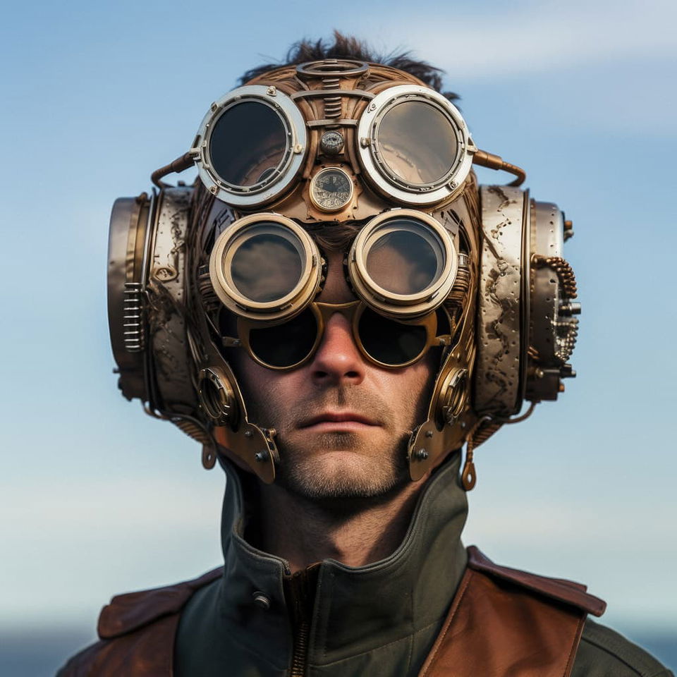 Hero wearing Lee Bontecou's Steampunk visor mask, showcasing Midjourney prompt engineering techniques for artistic expression.