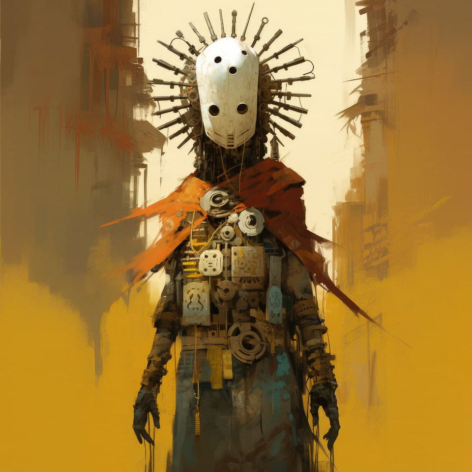 Midjourney prompt for ancient guardian wearing Solarpunk mask, showcasing cultural significance and artistic expression. Illustration by Jakub Rozalski --v 5.2.
