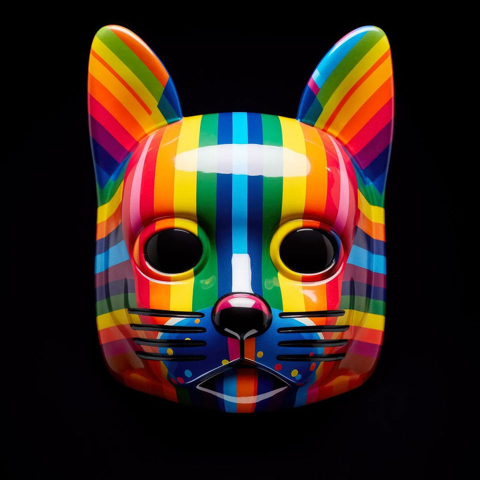 Nyan Cat mask in the style of Marimekko, glossy with vivid multicolored stripes and studio lighting, Midjourney V5.2