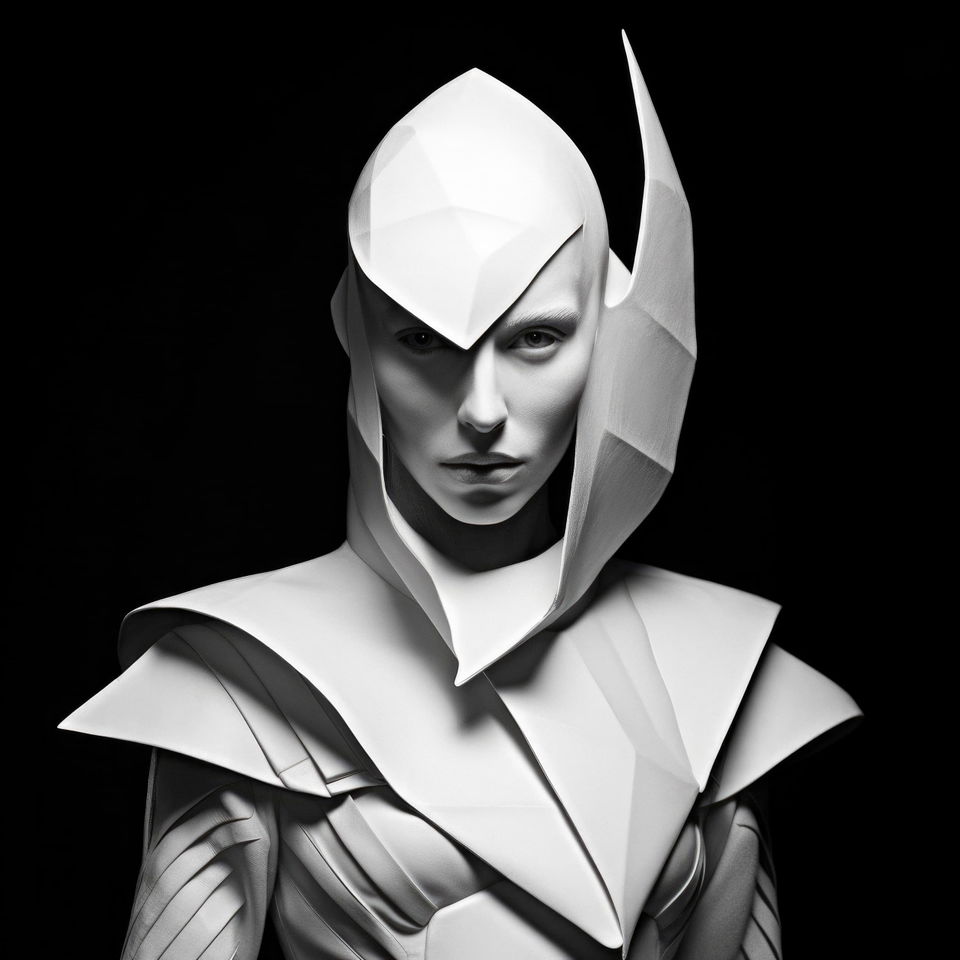 Futuristic portrait in white sculptural armor, monochrome, sharp studio lighting, Midjourney V5