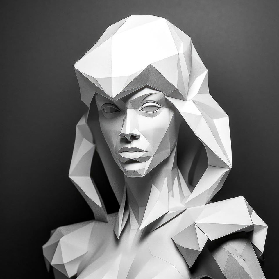 Woman’s faceted portrait in monochrome geometric sci-fi style, with dramatic high-contrast lighting, Midjourney V5