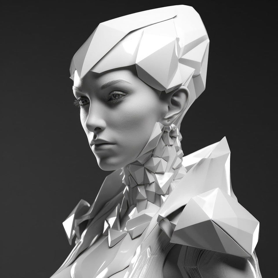 Futuristic android woman in angular armor, monochrome low-poly sculpture with dramatic lighting, Midjourney V5