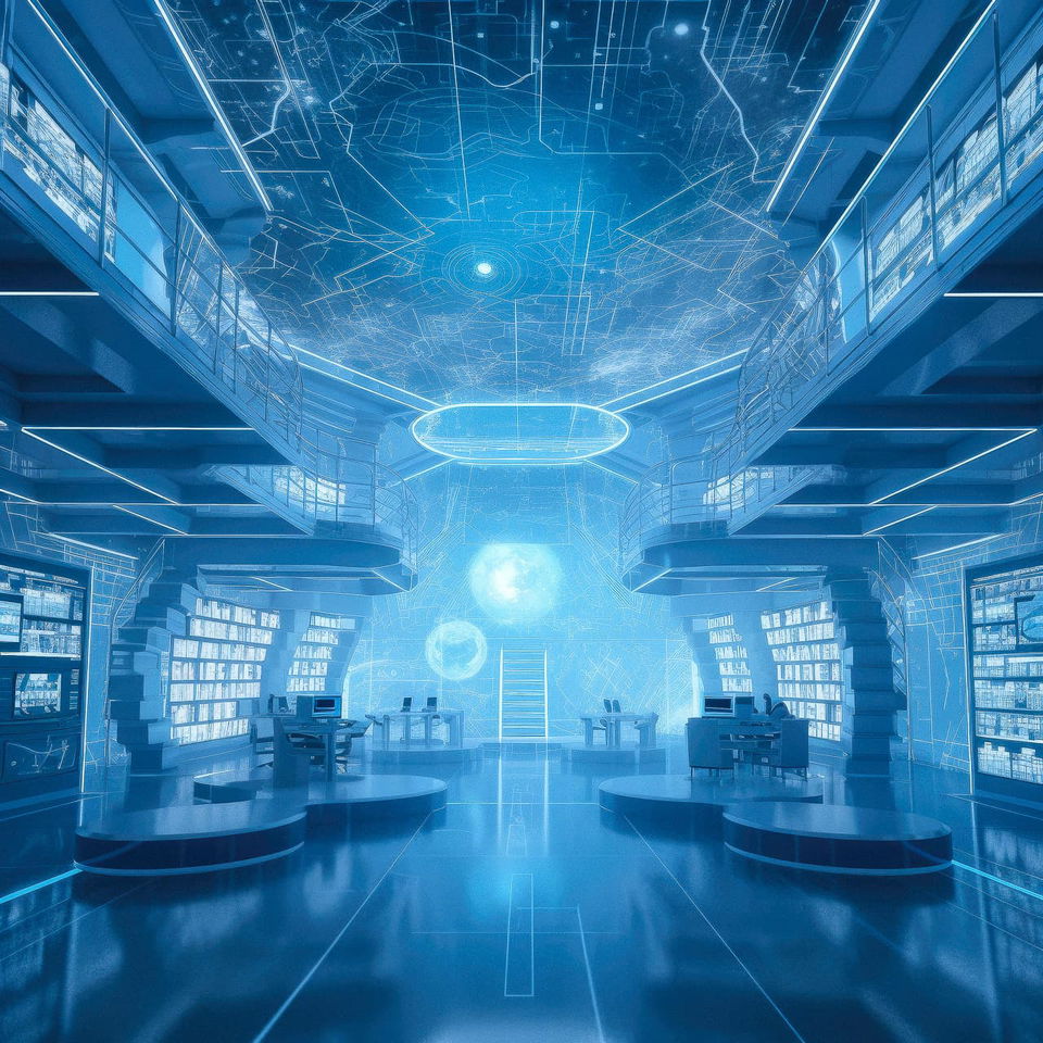 Futuristic library interior with holographic blue blueprint lines and luminous cool lighting, Midjourney V5