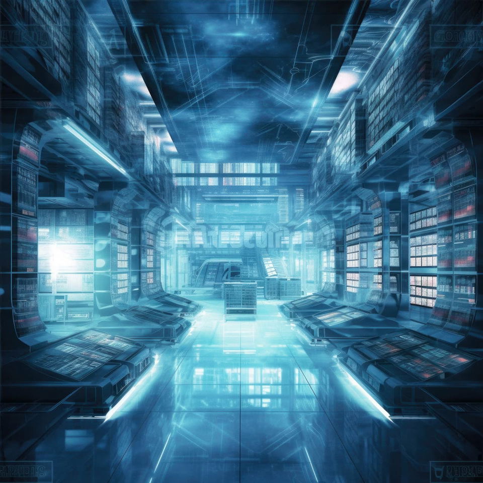 Futuristic research library with scientific displays, Midjourney V5