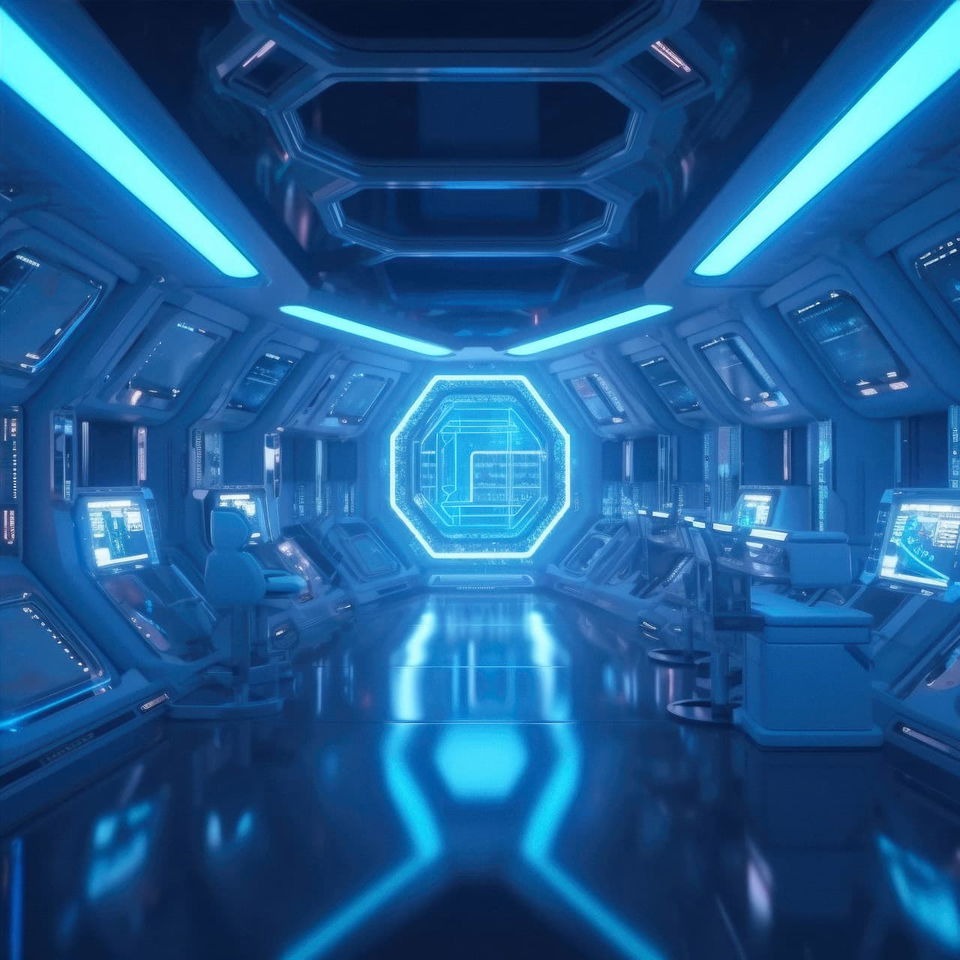 Futuristic spaceship control room with consoles, rendered in blue neon light and glossy 3D style, Midjourney V5