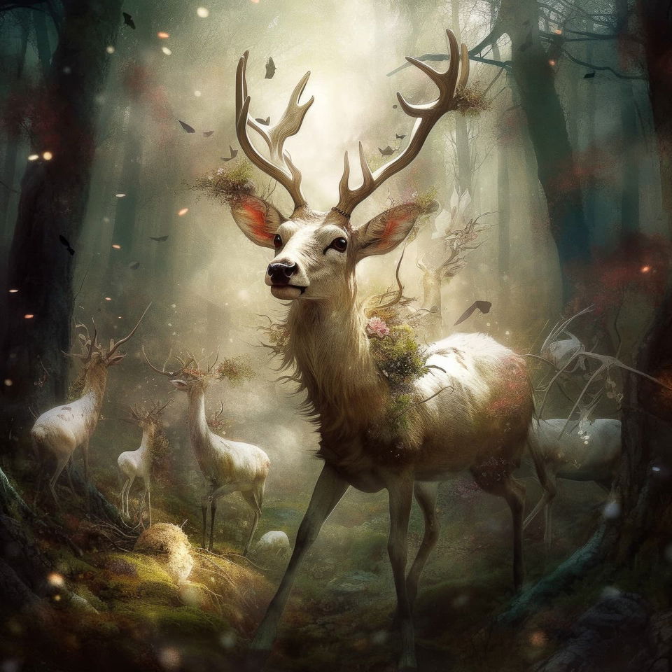 Majestic deer in an enchanted forest, painterly style with muted green tones and glowing light, Midjourney V5